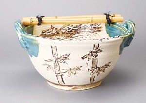 画像1: 【茶道具】　青織部　手水鉢　小（一尺サイズ・竹筏付） (1)