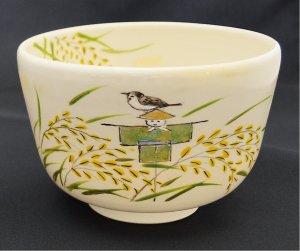画像1: 【茶道具】稲穂に　案山子　雀図　茶碗　　　　　　　　*八木海峰*　　新嘗祭 (1)